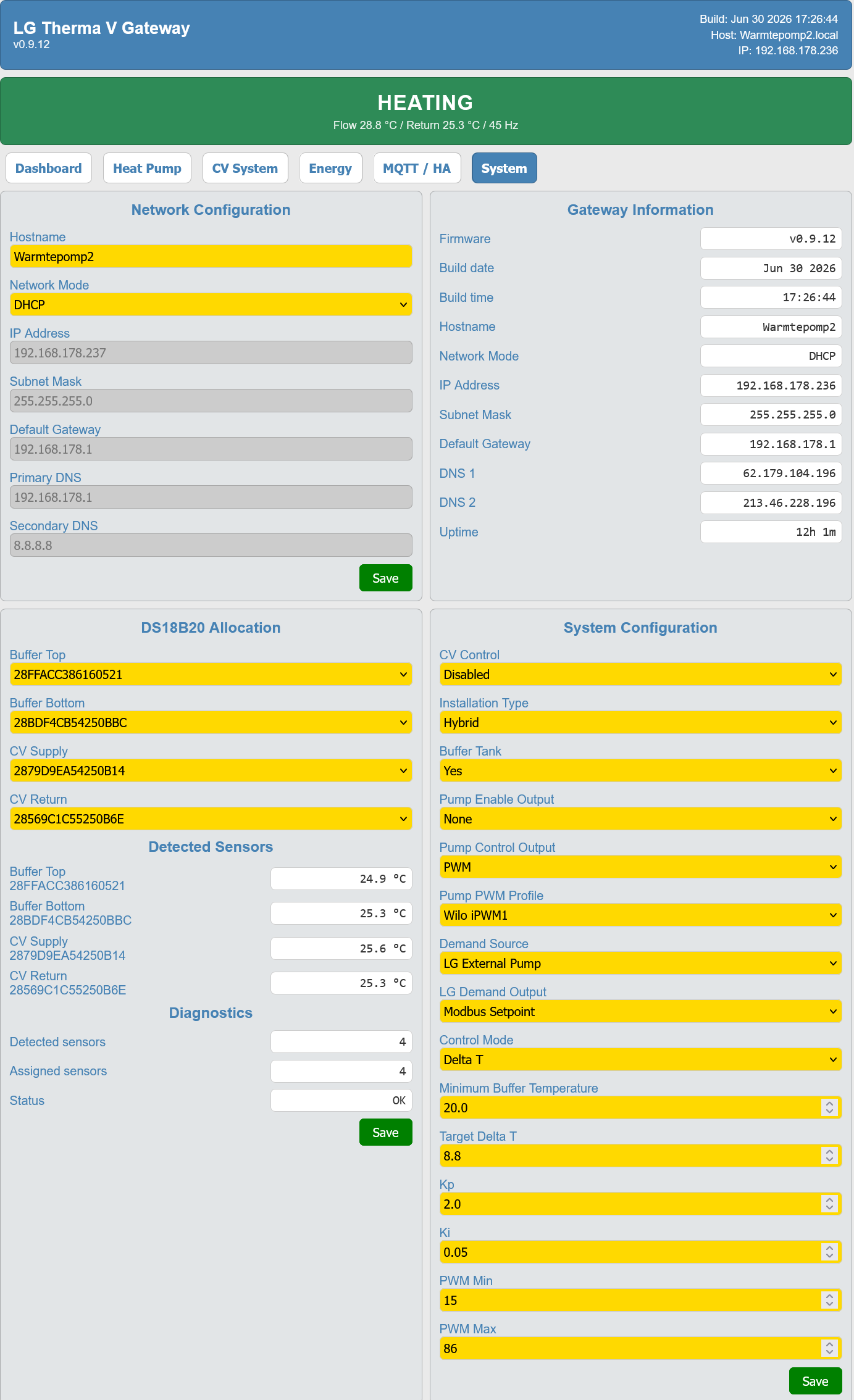 System configuration, network settings and sensor management